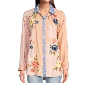 John Mark Embroidered Striped Blouse 1X Roll Tab Sleeve Patchwork Bottom Down